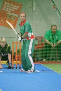 Ffion Cartwright representing Wales at the Indoor Cricket World Cup.