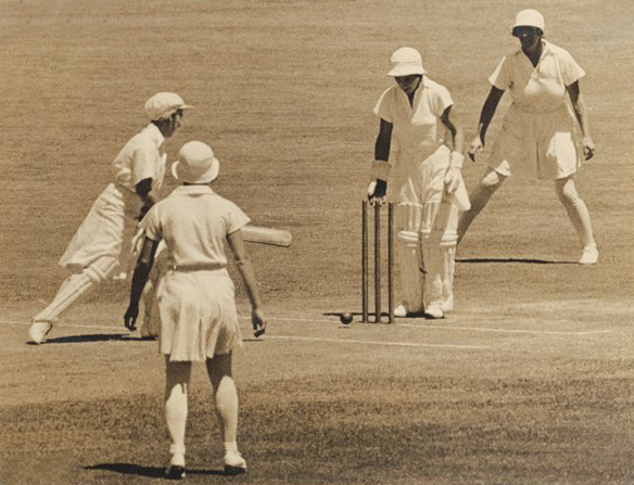 'Women's Test Cricket. Anne Palmer (NSW) bowled, with Spear, Snowball and Partridge (England), 2nd Women's Test match in Sydney 1935.'